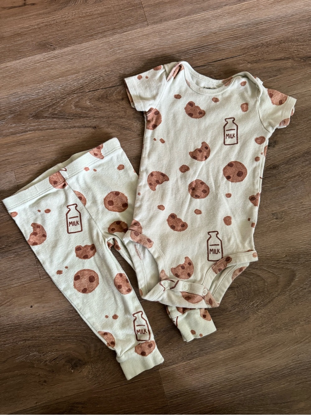 Light Sage Mint Cookie & Milk Print One-piece onesie and pants Set for Kids